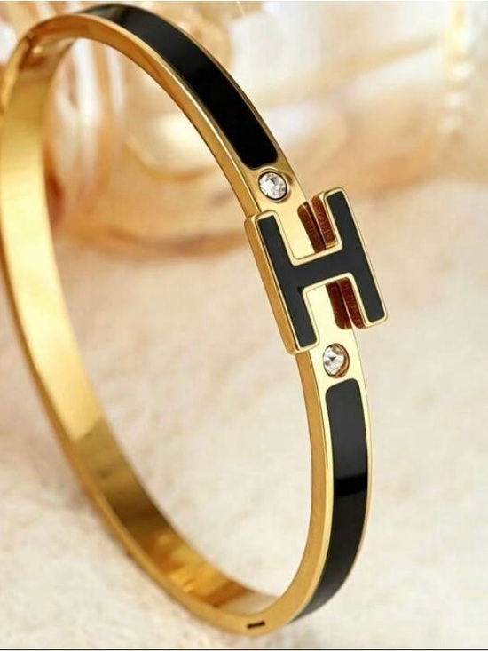 Jewelry - Gold and Black H-Accent Women's Bangle Stainless Steel Bracelet- Designer Style
